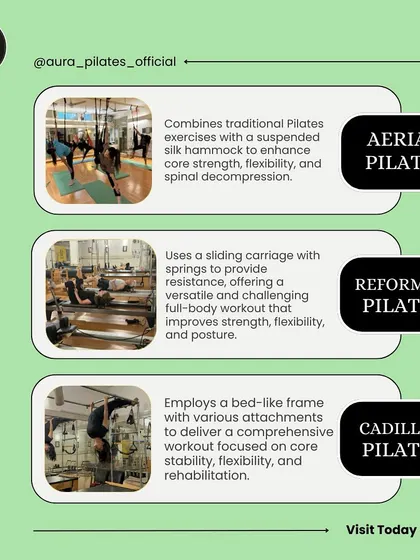 Curious about the different forms of Pilates? This graphic breaks down the top 3: Aerial, Reformer, and Cadillac Pilates. Each offers a unique way to transform your body.