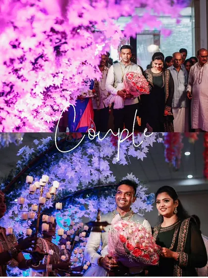 The couple's reception entrance, captured with vibrant, colorful lighting that adds to the celebratory mood.