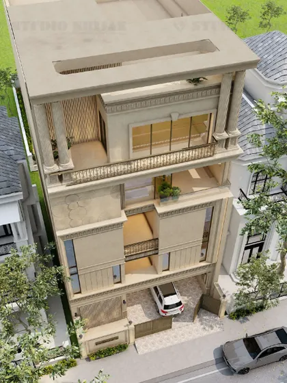 An aerial perspective of the classical Varanasi home, showing the multi-level terraces and the intricate roofline.