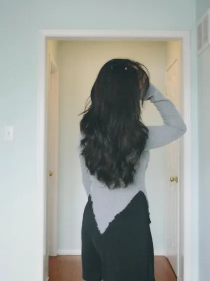 A back view of the outfit, showing my long, healthy hair.