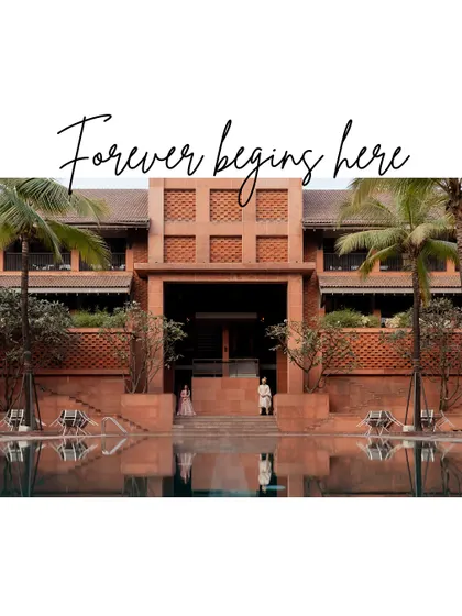 With the words "Forever begins here," this image frames the couple at their stunning poolside venue. It's a perfect visual announcement of their new beginning at a luxury destination wedding.