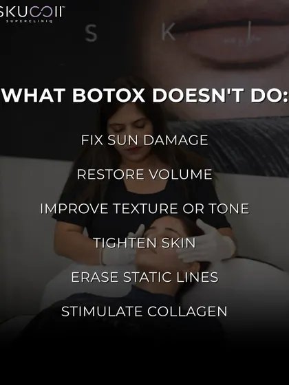 It's important to understand what different treatments do. This graphic clarifies what Botox does not do, such as fixing sun damage or restoring volume. This helps clients understand the need for a comprehensive, multi-treatment plan for total rejuvenation.