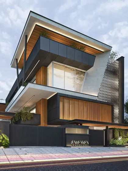 This contemporary farmhouse design features a bold, angular structure with a distinctive perforated metal facade. The combination of dark panels, light concrete, and warm wood creates a sophisticated and modern look.