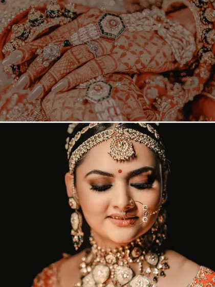 A collage focusing on the fine details of the bride's look. It showcases her intricate henna, her stunning rings, and a close-up of her flawless makeup.