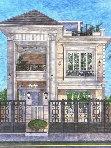 A hand-sketched render of a classical villa on a 32x78 plot in Andhra Pradesh. This artistic representation highlights the timeless elegance of the design, with its grand columns and ornate railings.