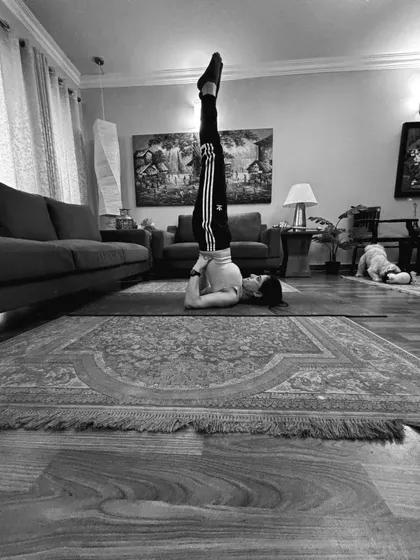 Shoulder stand in black and white, legs straight up over the living room carpet.