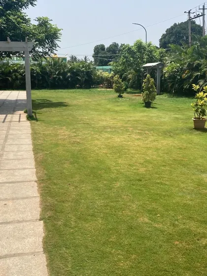 A simple, expansive lawn at a large property, viewed from a paved patio area. This demonstrates my work in creating clean, large-scale turf areas.