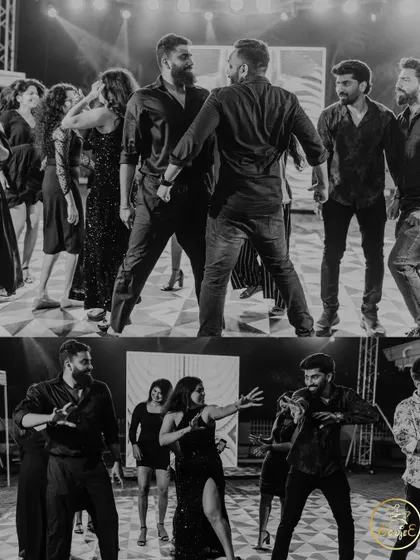 Black and white shots capturing the energy of the dance floor at a Sangeet.