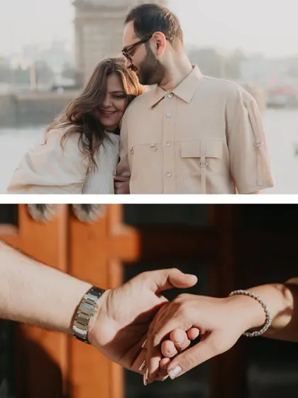 A collage that juxtaposes a tender, smiling embrace with a detailed shot of the couple holding hands. It beautifully captures both the grand emotion and the small, significant gestures of their relationship.