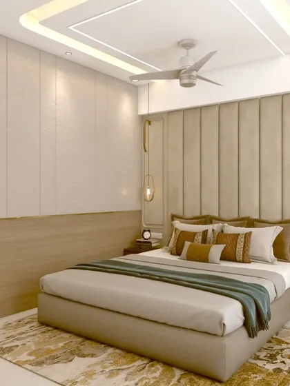 This 3D bedroom design uses a soft, neutral palette with a padded headboard and wood paneling. The pendant lights add a modern touch to the serene space.