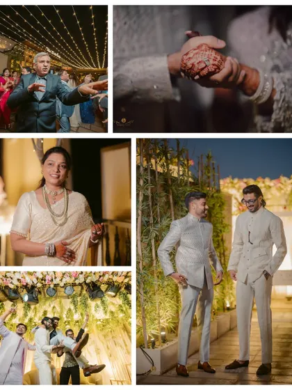 A collection of candid shots from the engagement party, featuring family members dancing, the groom with his friends, and a detail shot of the ring exchange.