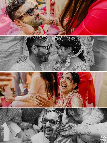 A collage of the couple's interactions during the Haldi, showing them smearing turmeric on each other with love and laughter.