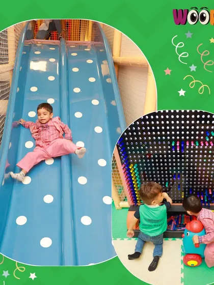 A collage showing kids enjoying the slide and other play equipment in our safe, padded play zone.