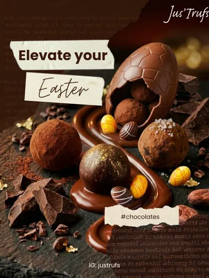 Our Easter chocolate arrangement brings a large egg, truffles and smaller eggs together against a dark background.