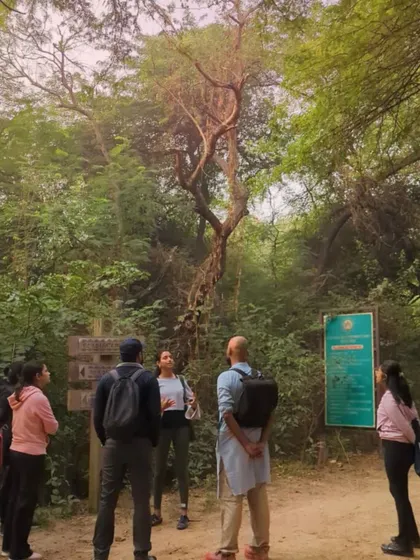 An instructor guides a small group at the start of a forest walk. The session begins with an introduction to the principles of mindful connection with nature.