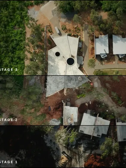 An aerial view showing the three stages of construction for our eco-resort, from the initial groundwork to the nearly completed structures.