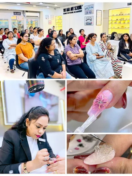 A collage from our successful look-and-learn nail seminar. It shows our head trainer in action and the engaged audience learning new, intricate techniques.