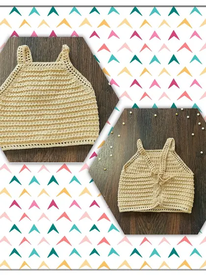 Here are two views of a beige crop top and vest set I made for a child. The top can be worn on its own, or layered with the tie-front vest for a different look.