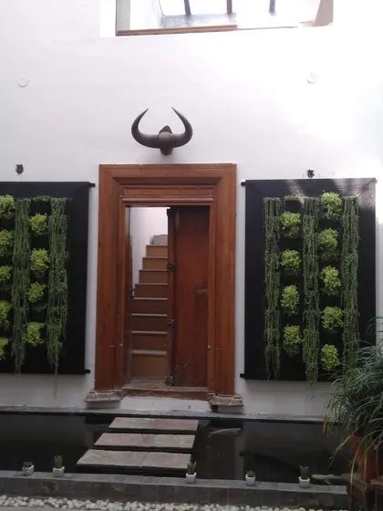 An interior courtyard featuring two framed vertical gardens flanking a traditional wooden door, creating a stunning and symmetrical natural art installation.
