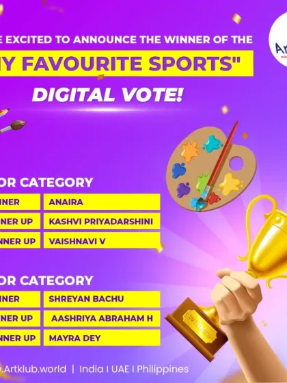 Community engagement is a big part of our events. This graphic announces the winners of the Digital Vote for the 'My Favourite Sports' competition, where Anaira and Shreyan won the hearts of our online audience in their respective categories.