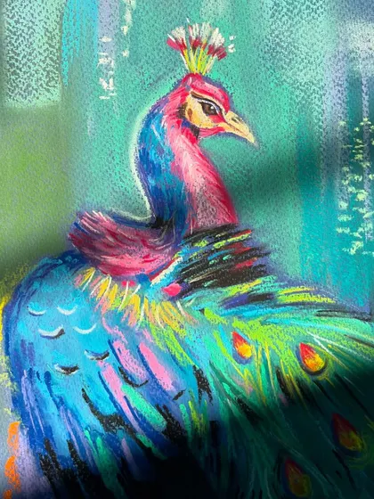 A close-up of the nearly finished peacock. The soft pastels are blended to create a soft, almost glowing effect, with sharp details in the crown and eye.