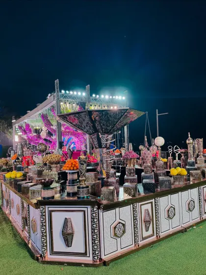 A wide shot of the entire geometric fruit station.