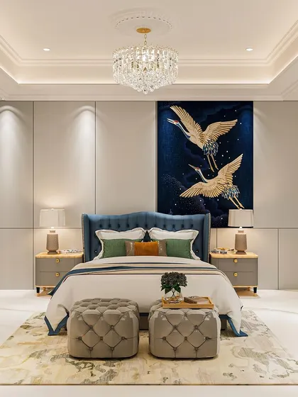 The full view of the crane-themed bedroom, showcasing the perfect symmetry and the rich color palette of blue, grey, and gold.