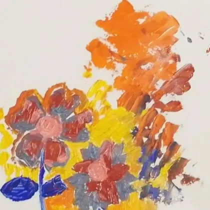 Exploring texture is a key part of our curriculum. This abstract floral piece was created by a young student using a palette knife with acrylics, a fun technique that adds dimension and energy to the canvas.