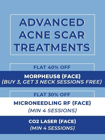 We offer a suite of advanced treatments for acne scars, including Morpheus8, Microneedling RF, and CO2 Laser. Each is selected based on your specific scar type and skin condition for optimal results.