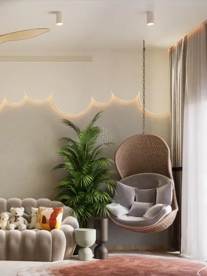 A cozy seating area in the nursery with a curved sofa and a hanging wicker swing chair. The wall features a subtle, wavy light installation, adding a touch of whimsy.