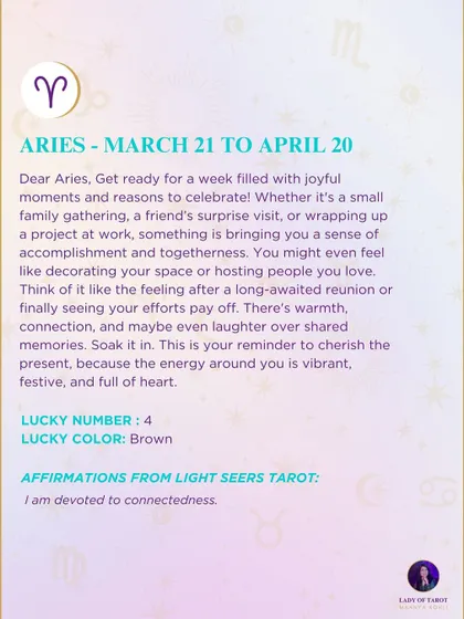A weekly tarot forecast for Aries. Get ready for a week filled with joyful moments and reasons to celebrate. This is your reminder to cherish the present.