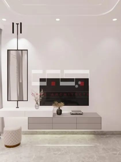 A minimalist bedroom concept with a floating vanity that doubles as a dressing table, a large frameless mirror, and a sleek, uncluttered layout.