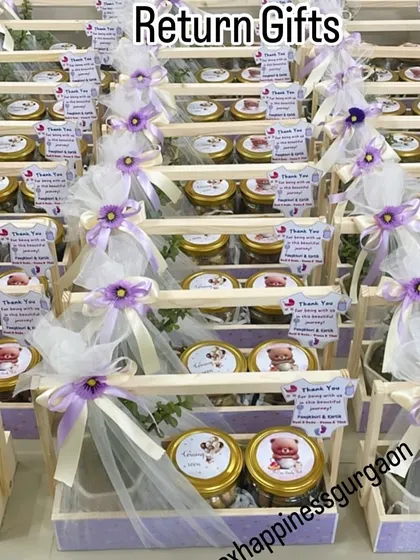 An overhead view of the lavender baby shower favors, showcasing the consistent and beautiful presentation across the entire order.