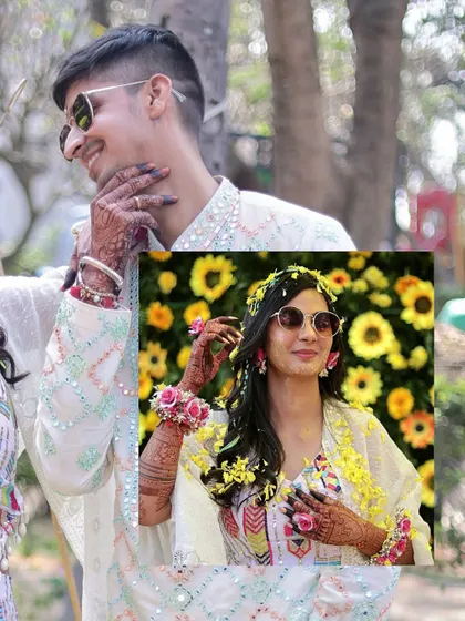 A collage of the bride and groom enjoying their sunny, outdoor Haldi event. Their stylish sunglasses and happy expressions capture the cool, modern vibe of their celebration.