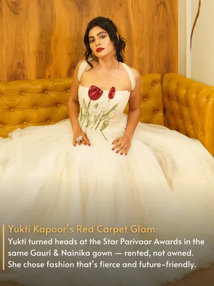 Actress Yukti Kapoor turned heads at the Star Parivaar Awards in this ethereal Gauri & Nainika gown. Renting allows you to wear top designers for your most important events, just like the stars do.