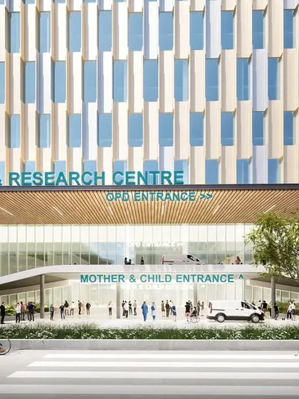 This rendering details the entrance of the new Batra Hospital & Research Centre. It shows separate, clearly marked entrances for the OPD and Mother & Child departments, demonstrating our focus on intuitive wayfinding and streamlined operations.