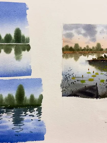 An online class demo sheet on painting water reflections, showing different techniques for calm and rippling water.