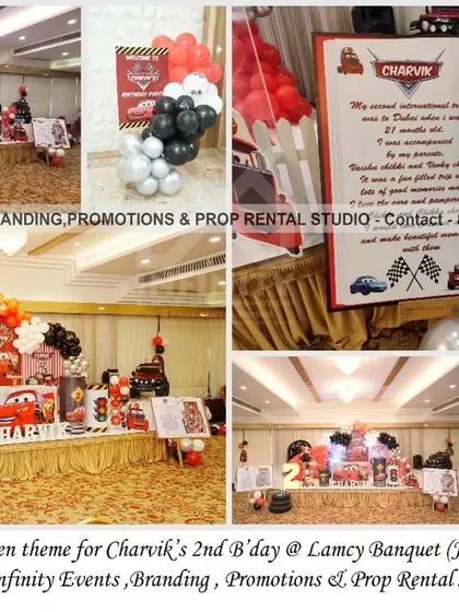 "TWO" fast! A fantastic Lightning McQueen theme for a 2nd birthday at Lamcy Banquet. The setup includes a large storybook-style milestone board, character cutouts, and a red, black, and white color scheme to celebrate the little racer.