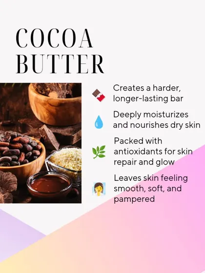 An infographic on Cocoa Butter, which deeply moisturizes and creates a harder, longer-lasting bar.