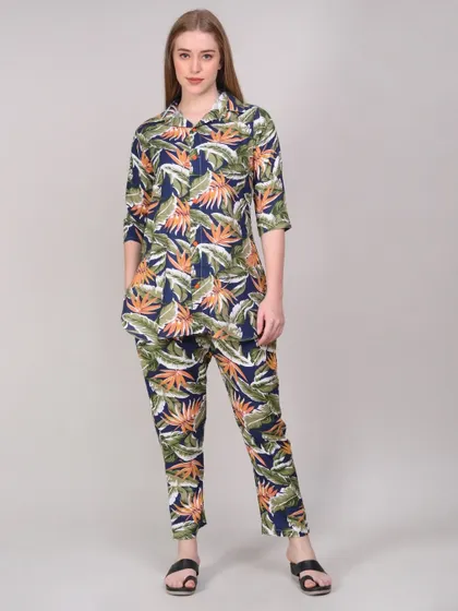 A front-facing shot of a tropical print loungewear set. This image clearly displays the pattern, fit, and style of the co-ord set for online shoppers.