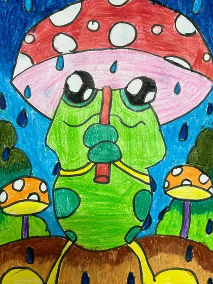 A whimsical frog sheltering from the rain under a mushroom. This drawing showcases a student's ability to create a scene, tell a story, and use color to set a mood.
