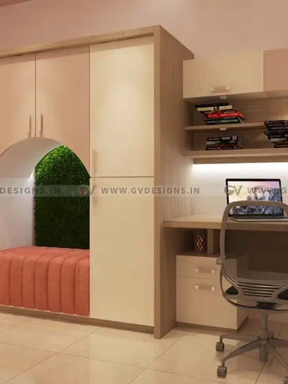 This unique study unit is perfect for a child's room, featuring a cozy cushioned reading nook built directly into the wardrobe. The design uses a soft color palette and an artificial grass backdrop to bring a touch of nature indoors.