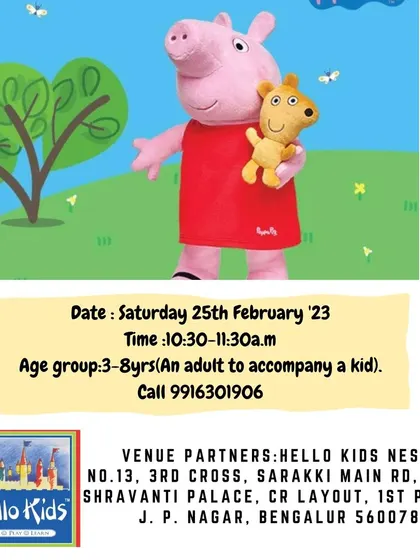 An event poster for one of my popular Peppa Pig storytelling and clay modelling workshops. These sessions are designed for children aged 3 to 8 and require an adult to join, making it a great parent-child bonding activity.