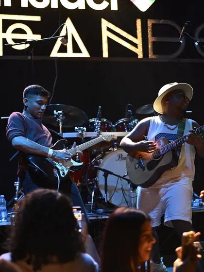 A great shot of me and my guitarist playing side-by-side. The interplay between us is a huge part of our live dynamic.
