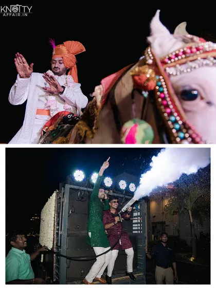 The groom's energetic baraat, arriving on a horse and celebrating with a smoke gun. We capture the modern and high-energy elements of today's weddings.