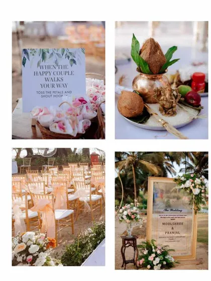 A collage of beautiful details from a beach wedding ceremony, including the welcome sign, traditional puja items, and guest seating.