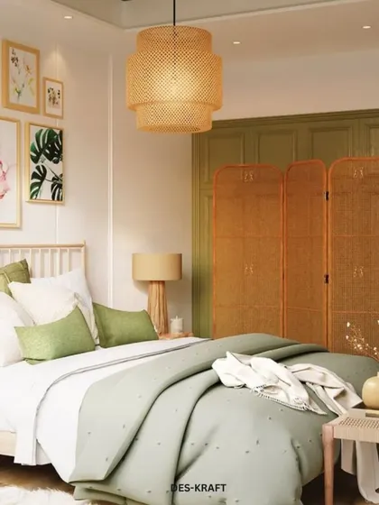 A Japandi-style bedroom with a light wood bed frame, rattan accents, and a gallery wall of botanical prints, creating a peaceful and organic retreat.