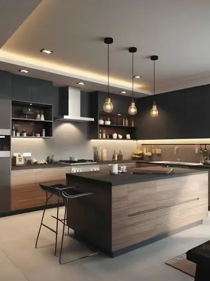 A sophisticated island kitchen featuring a mix of dark and wood-tone cabinets, ideal for a luxurious, modern home.