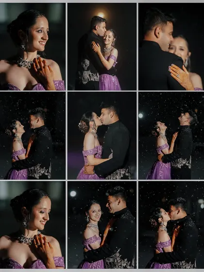 A grid of nine photos capturing the joy and romance of a couple's shoot in the snow. It shows a range of expressions and interactions, telling a complete story in one image.