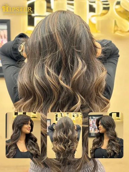 This collage showcases a client's hair transformation, featuring a beautiful color blend and cascading curls for a glamorous look.